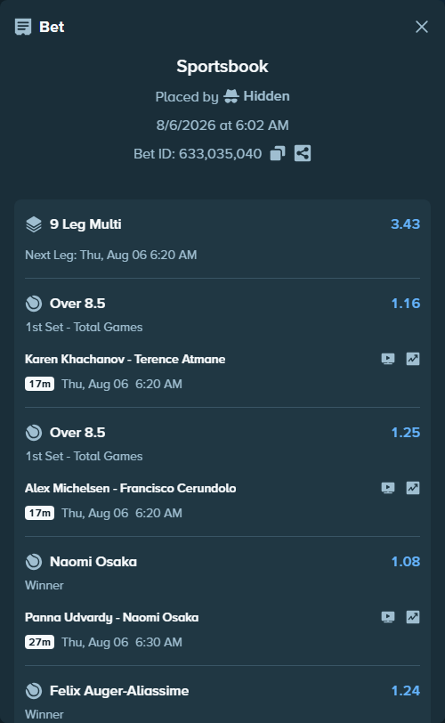 Bet slip: Jessica Pegula - Kamilla Rakhimova, $58,230.74 stake at 1.11 odds, placed by Hidden