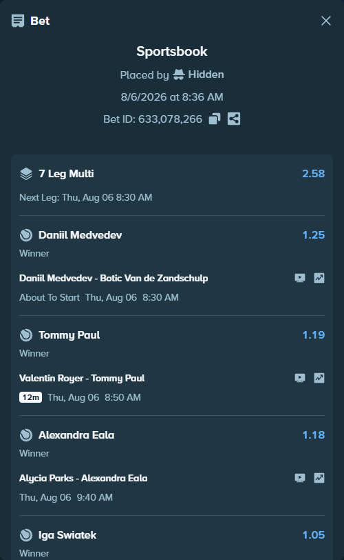 Bet slip: Jessica Pegula - Kamilla Rakhimova, $66,869.60 stake at 1.11 odds, placed by Hidden
