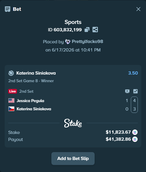 Bet slip: Jessica Pegula - Katerina Siniakova, $11,320.58 stake at 3.50 odds, placed by Prettylfacko98