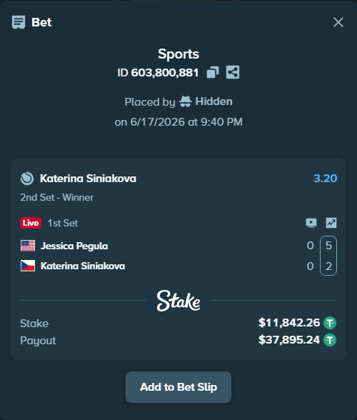 Bet slip: Jessica Pegula - Katerina Siniakova, $11,854.10 stake at 3.20 odds, placed by Hidden