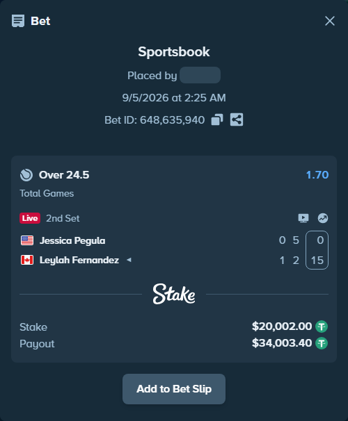 Bet slip: Jessica Pegula - Leylah Fernandez, $20,000.00 stake at 1.70 odds, placed by Palo6