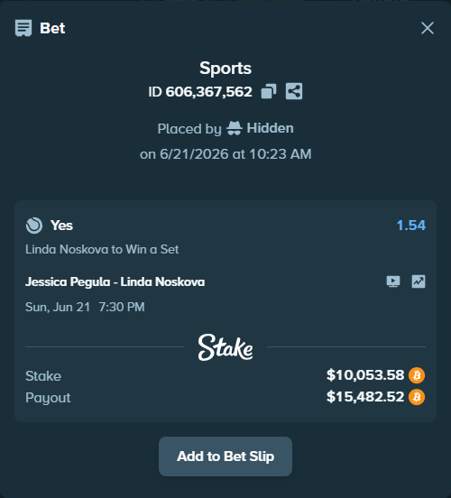 Bet slip: Jessica Pegula - Linda Noskova, $10,075.38 stake at 1.54 odds, placed by Hidden