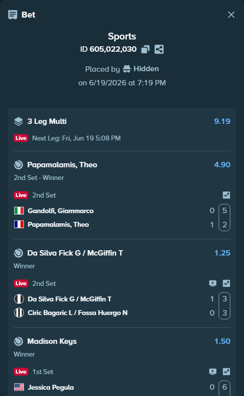 Bet slip: Jessica Pegula - Madison Keys, $10,000.00 stake at 1.50 odds, placed by Hidden