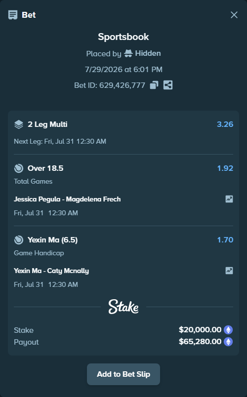 Bet slip: Jessica Pegula - Magdelena Frech, $19,888.63 stake at 1.92 odds, placed by Hidden