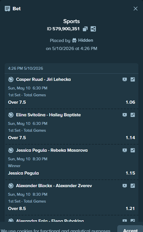 Bet slip: Jessica Pegula - Rebeka Masarova, $27,500.00 stake at 1.15 odds, placed by HersherP