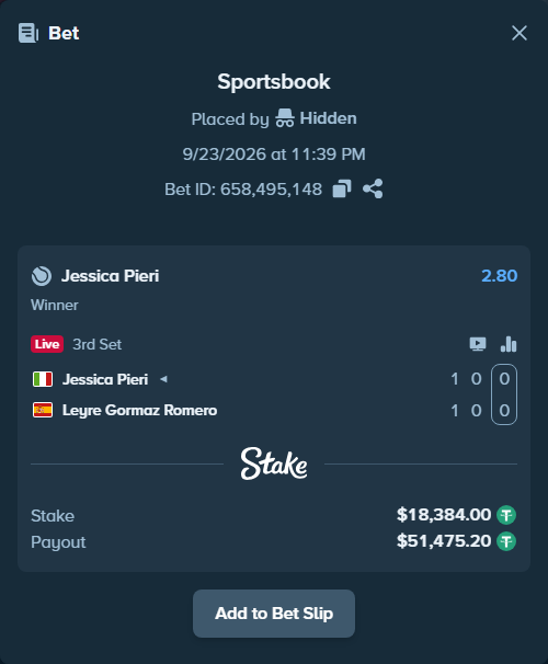 Bet slip: Jessica Pieri - Leyre Gormaz Romero, $18,384.00 stake at 2.80 odds, placed by Hidden