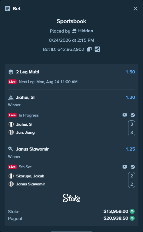 Bet slip: Jiahui, SI - Jun, Jiang, $13,959.00 stake at 1.20 odds, placed by Hidden