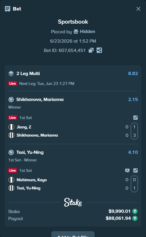 Bet slip: Jiang, Z - Shikhanova, Marianna, $10,000.00 stake at 2.15 odds, placed by Hidden