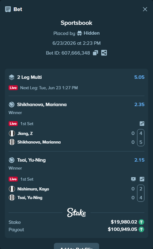 Bet slip: Jiang, Z - Shikhanova, Marianna, $20,000.00 stake at 2.35 odds, placed by Hidden