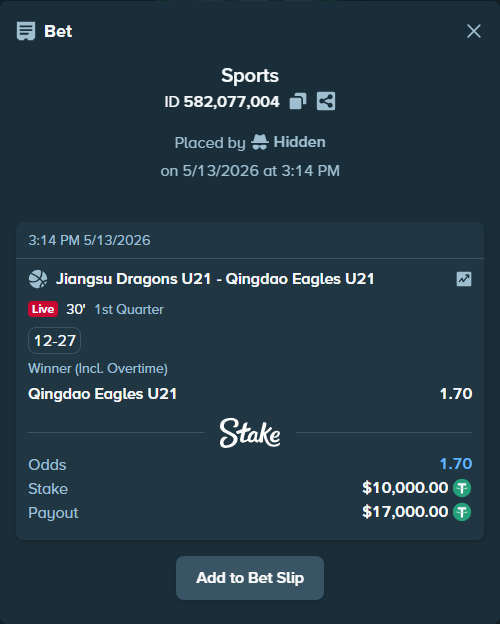 Bet slip: Jiangsu Dragons - Qingdao Eagles, $10,000.00 stake at 1.70 odds, placed by Hidden