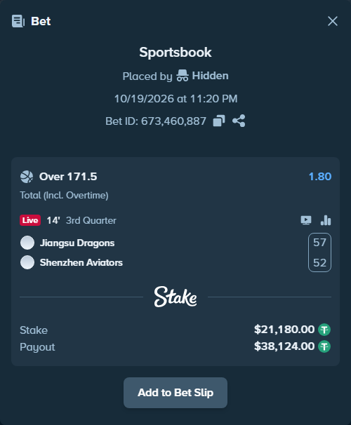 Bet slip: Jiangsu Dragons - Shenzhen Leopards, $21,201.18 stake at 1.80 odds, placed by Kriski99