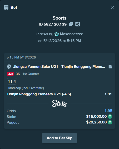Bet slip: Jiangsu Yannan Suke U21 - Tianjin Ronggang Pioneers, $15,000.00 stake at 1.95 odds, placed by Maxencezzzz
