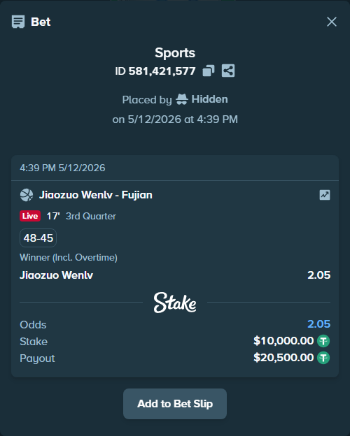 Bet slip: Jiaozuo Wenlv - Fujian, $10,000.00 stake at 2.05 odds, placed by Hidden