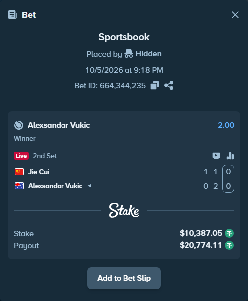 Bet slip: Jie Cui - Alexsandar Vukic, $10,387.05 stake at 2.00 odds, placed by Hidden