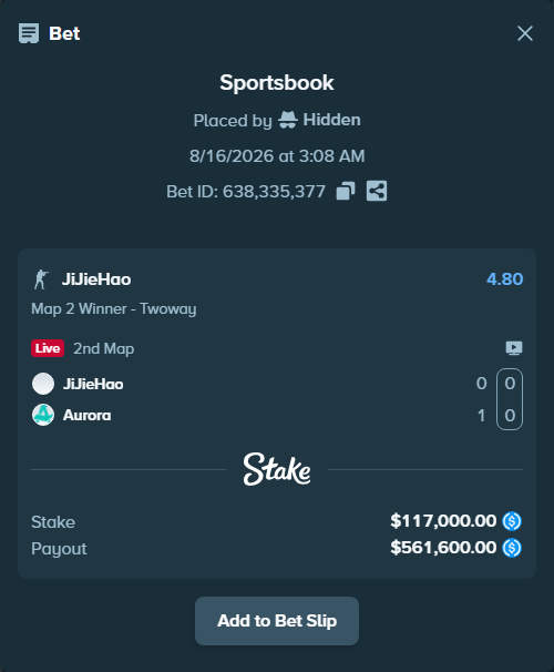 Bet slip: JiJieHao - Aurora Gaming, $117,000.00 stake at 4.80 odds, placed by Hidden