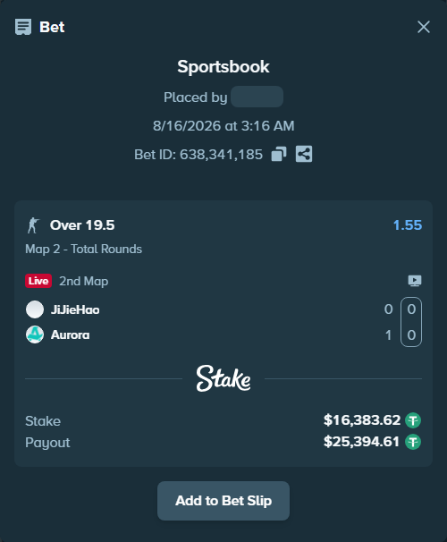 Bet slip: JiJieHao - Aurora Gaming, $16,400.00 stake at 1.55 odds, placed by saszakoncza