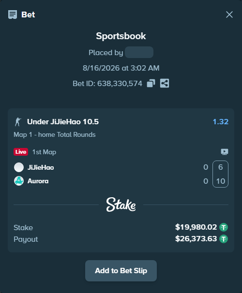 Bet slip: JiJieHao - Aurora Gaming, $20,000.00 stake at 1.32 odds, placed by saszakoncza