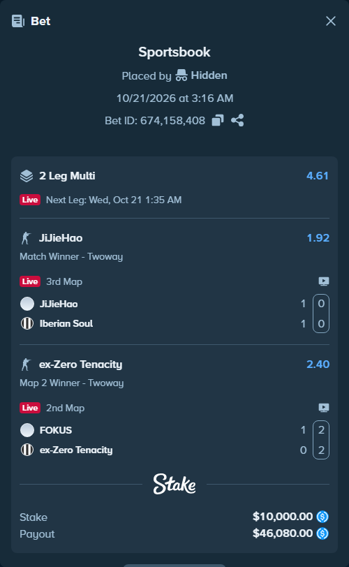 Bet slip: JiJieHao - Iberian Soul, $10,000.00 stake at 1.92 odds, placed by Hidden