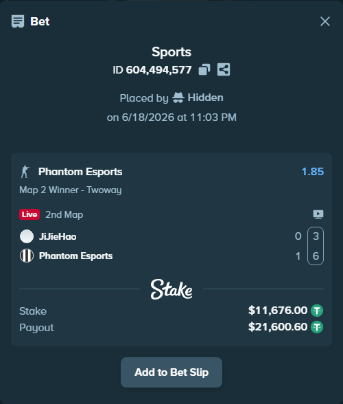 Bet slip: JiJieHao - Phantom Esports, $11,687.68 stake at 1.85 odds, placed by Hidden