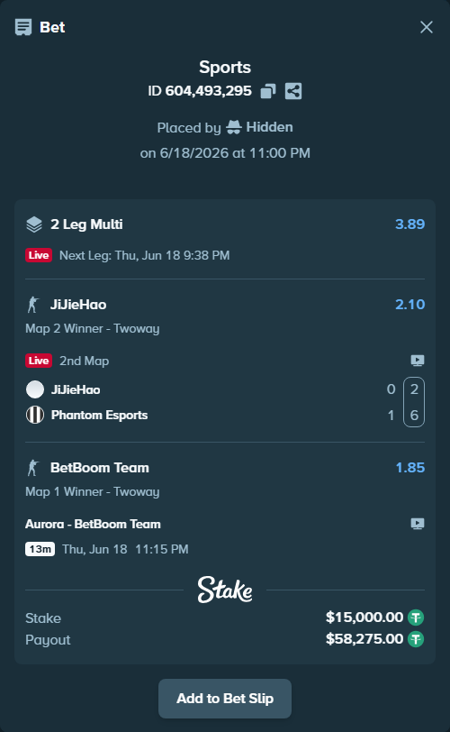 Bet slip: JiJieHao - Phantom Esports, $15,015.00 stake at 2.10 odds, placed by Hidden