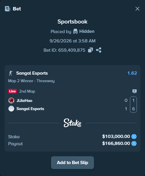 Bet slip: JiJieHao - Sangal Esports, $103,000.00 stake at 1.62 odds, placed by Hidden