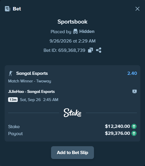 Bet slip: JiJieHao - Sangal Esports, $12,240.00 stake at 2.40 odds, placed by mi6a1