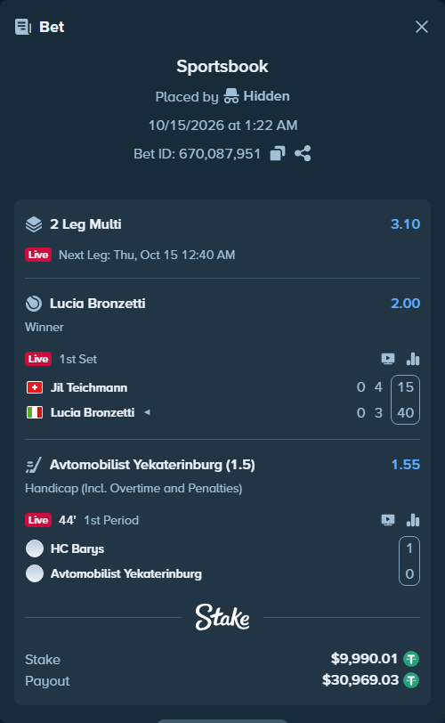 Bet slip: Jil Teichmann - Lucia Bronzetti, $10,000.00 stake at 2.00 odds, placed by Hidden