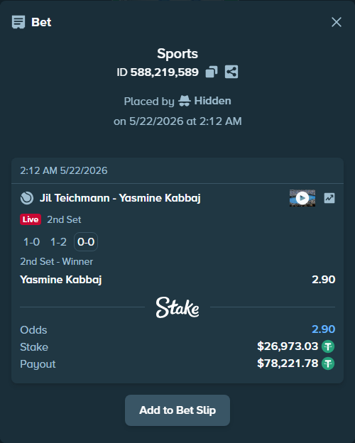 Bet slip: Jil Teichmann - Yasmine Kabbaj, $27,000.00 stake at 2.90 odds, placed by Hidden