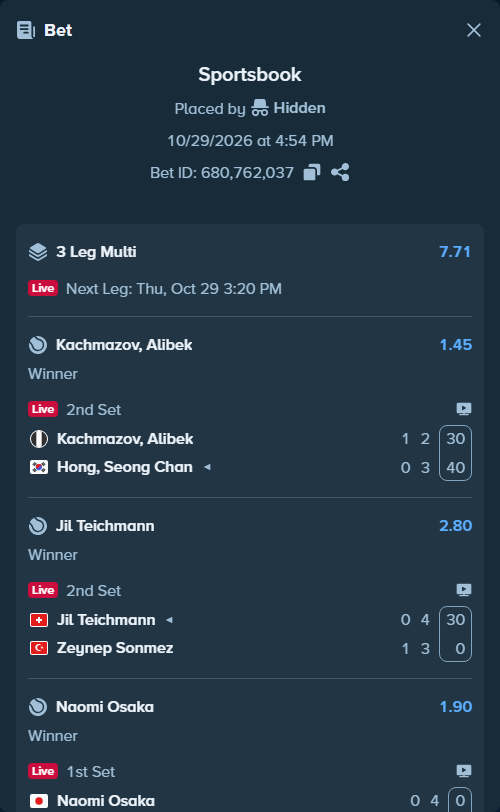 Bet slip: Jil Teichmann - Zeynep Sonmez, $10,000.00 stake at 2.80 odds, placed by Hidden