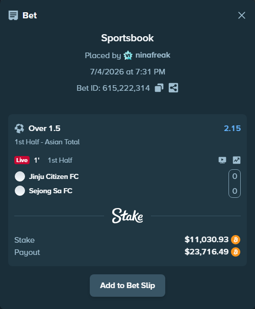 Bet slip: Jinju Citizen FC - Sejong Sa FC, $11,053.02 stake at 2.15 odds, placed by ninafreak