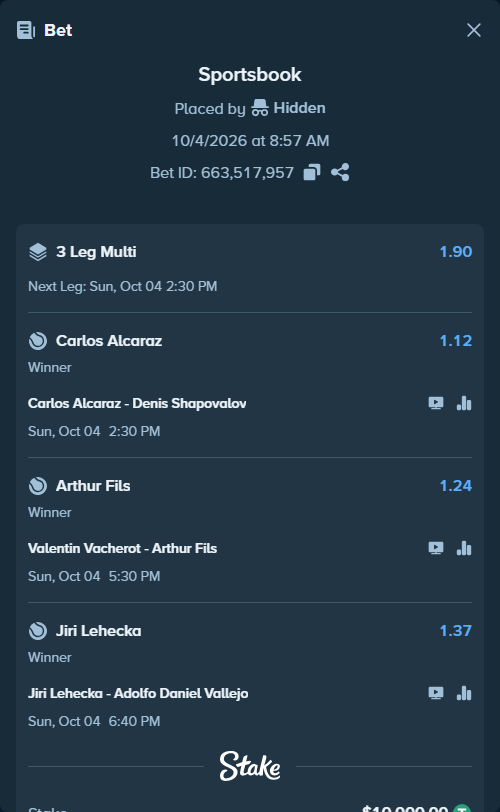 Bet slip: Jiri Lehecka - Adolfo Daniel Vallejo, $10,000.00 stake at 1.37 odds, placed by SIXXSEVEENN
