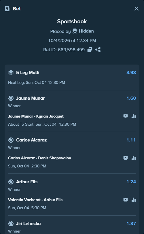 Bet slip: Jiri Lehecka - Adolfo Daniel Vallejo, $10,000.00 stake at 1.37 odds, placed by Smb8687