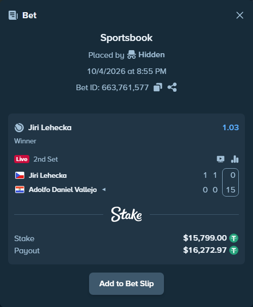 Bet slip: Jiri Lehecka - Adolfo Daniel Vallejo, $15,799.00 stake at 1.03 odds, placed by Hidden