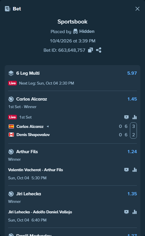 Bet slip: Jiri Lehecka - Adolfo Daniel Vallejo, $51,268.99 stake at 1.35 odds, placed by Hidden