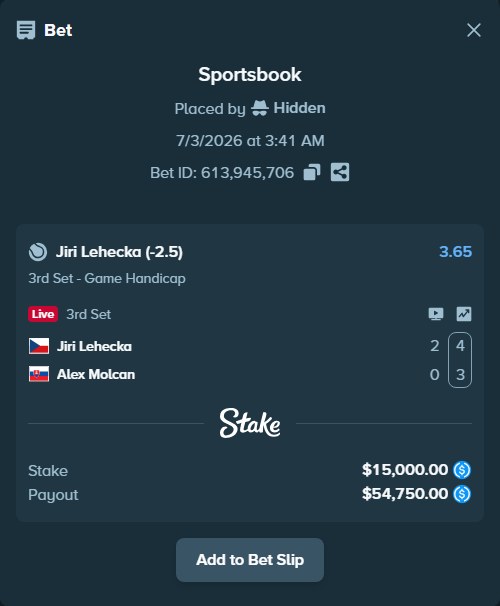 Bet slip: Jiri Lehecka - Alex Molcan, $15,000.00 stake at 3.65 odds, placed by Hidden