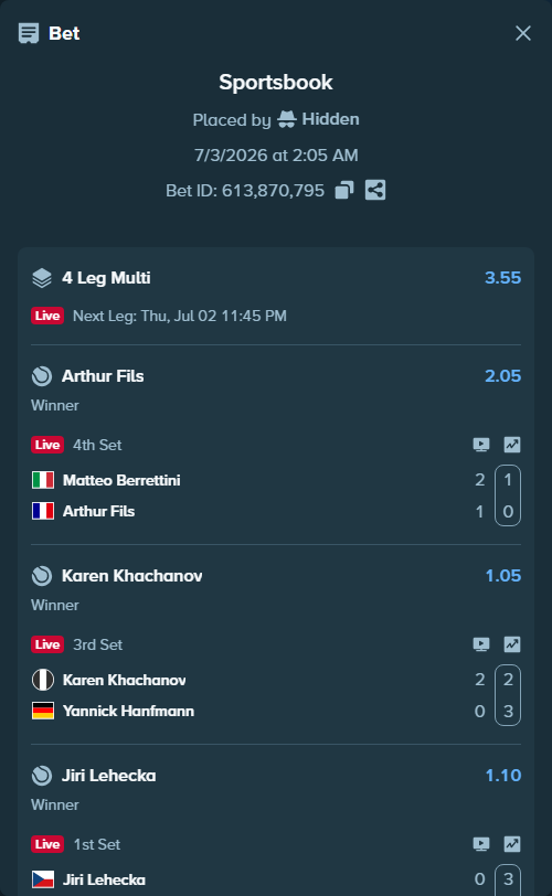 Bet slip: Jiri Lehecka - Alex Molcan, $23,264.96 stake at 1.10 odds, placed by Hidden