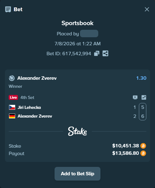 Bet slip: Jiri Lehecka - Alexander Zverev, $10,527.82 stake at 1.30 odds, placed by Ronald7878