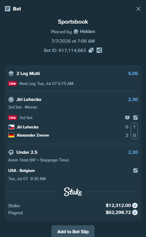 Bet slip: Jiri Lehecka - Alexander Zverev, $12,237.99 stake at 2.30 odds, placed by Hidden