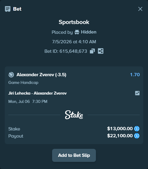 Bet slip: Jiri Lehecka - Alexander Zverev, $13,000.00 stake at 1.70 odds, placed by Hidden