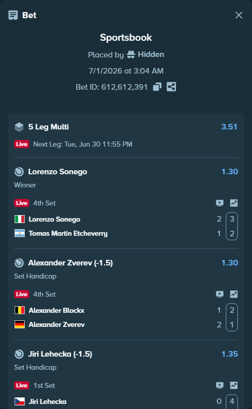 Bet slip: Jiri Lehecka - Alexei Popyrin, $26,934.65 stake at 1.35 odds, placed by Hidden