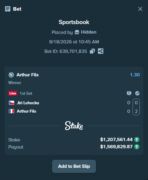 Bet slip: Jiri Lehecka - Arthur Fils, $1,208,769.00 stake at 1.30 odds, placed by Hidden
