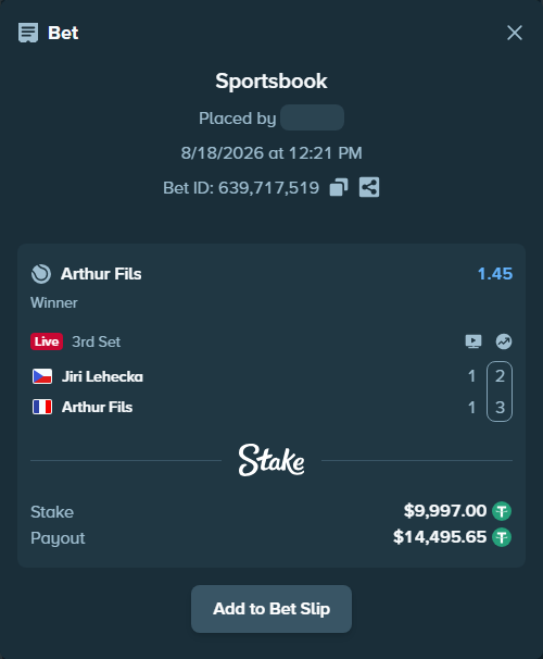 Bet slip: Jiri Lehecka - Arthur Fils, $10,007.00 stake at 1.45 odds, placed by Mopsik33
