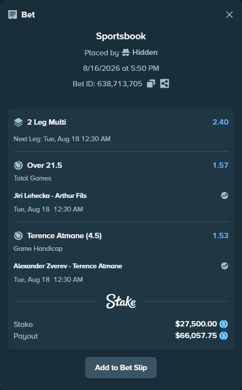 Bet slip: Jiri Lehecka - Arthur Fils, $27,500.00 stake at 1.57 odds, placed by Hidden