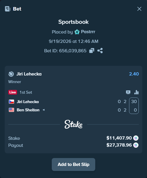 Bet slip: Jiri Lehecka - Ben Shelton, $11,730.55 stake at 2.40 odds, placed by Pastrrr