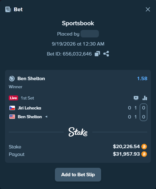 Bet slip: Jiri Lehecka - Ben Shelton, $20,301.00 stake at 1.58 odds, placed by Atte90