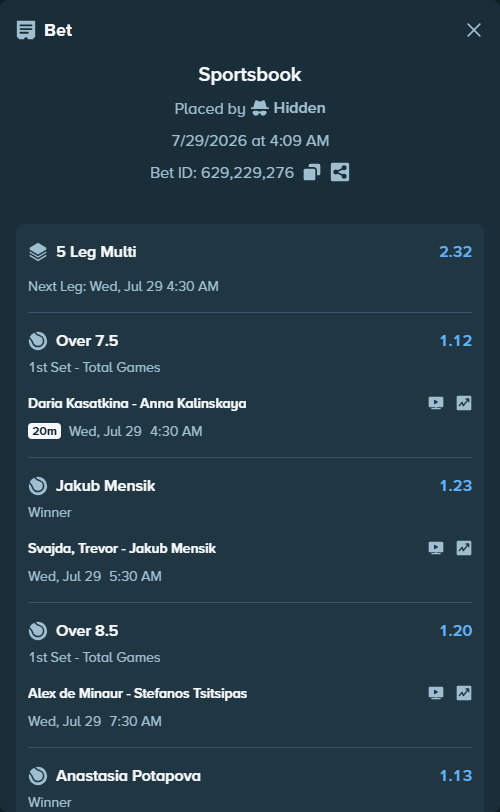 Bet slip: Jiri Lehecka - Coleman Wong, $61,899.96 stake at 1.24 odds, placed by Hidden