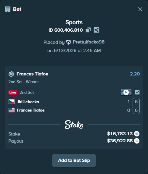 Bet slip: Jiri Lehecka - Frances Tiafoe, $18,148.09 stake at 2.20 odds, placed by Prettylfacko98