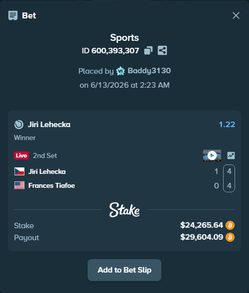 Bet slip: Jiri Lehecka - Frances Tiafoe, $24,445.40 stake at 1.22 odds, placed by Baddy3130