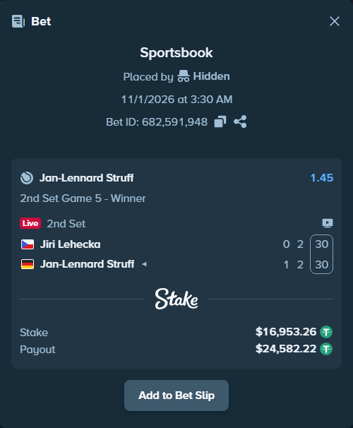Bet slip: Jiri Lehecka - Jan-Lennard Struff, $16,970.21 stake at 1.45 odds, placed by Hidden