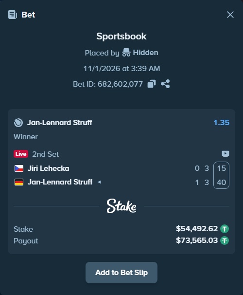 Bet slip: Jiri Lehecka - Jan-Lennard Struff, $54,547.11 stake at 1.35 odds, placed by Hidden